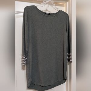 Gray Long Sleeve Top with Striped Cuffs